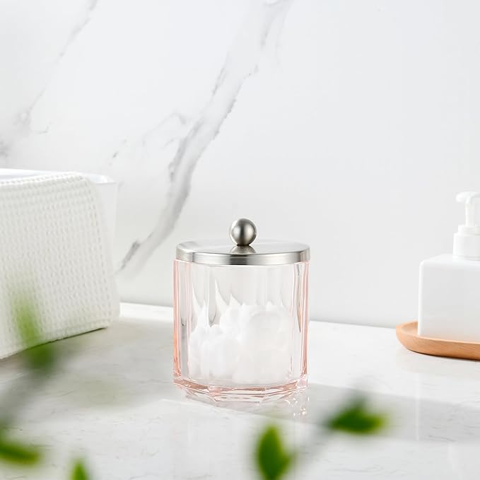 Blush Translucent Apothecary Octagional Shaped Glass Canister Jar With Metal Lid Cover for Bathroom Organization, Cotton Balls, Q Tips, and Small Accessories, Bathroom Storage