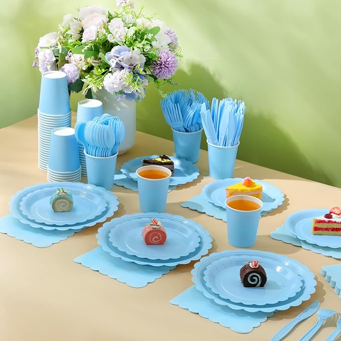Ziliny 200 Pcs Light Blue Plates and Napkins, 25 Guest Spring Party Supplies Include Scalloped Paper Plates Napkins Cups Plastic Spoons Forks Knives Disposable Tableware Set for Baby Shower