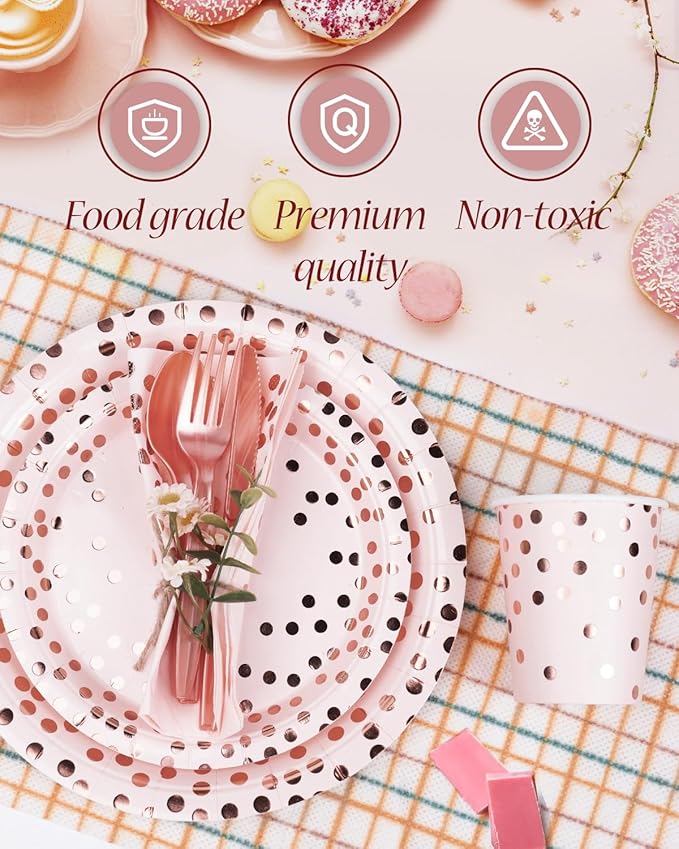 350 Pieces Party Supplies, Pink and Rose Gold Dots Party Plates Cups and Napkins Sets with Plastic Knives forks spoons, Disposable Tableware Serves 50 Sets for Wedding, Birthday, Graduation, Festivals