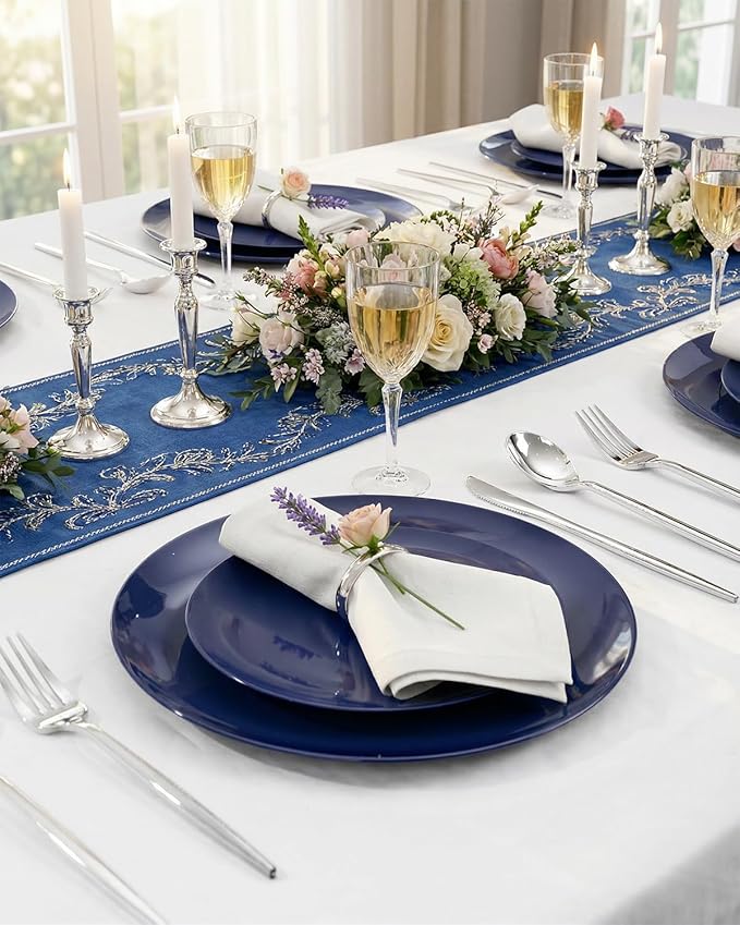 PULOTE 100PCS Blue Plastic Plates - Heavy Duty Navy Blue Disposable - Include 50PCS 10.25inch Dinner & 50PCS 7.5 inch Dessert/Salad Plates - Ideal for Party & Labor Day