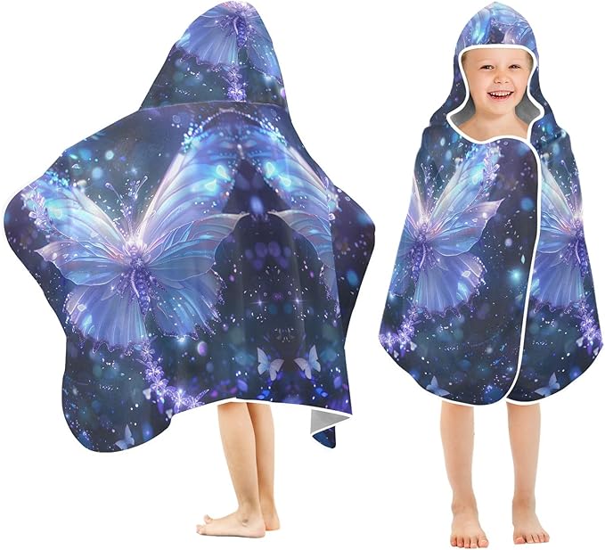 Hooded Towel for Kids Glowing Blue Butterfly Beach Wrap Bath Towels 50x23.5in