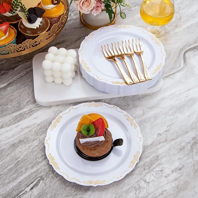 LIYH 200 Pcs Gold Dessert Plates,100 Pcs Appetizer Plates 7.5" and 100 Pcs Gold Plastic Forks 5", Cake Plates, Disposable Salad Plate Wedding Cake Plate Forks for Parties, Birthdays, Wedding