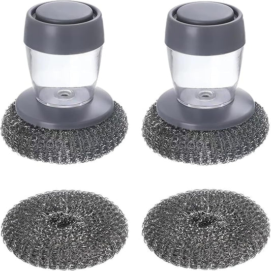 Steel Wool Scrubber with Soap Dispenser for Dish Sink Pan Stove Kitchen, Stainless Dishwashing Scouring Pad, Dispensing Heavy Duty Brush Scourer Cast Iron 2+2