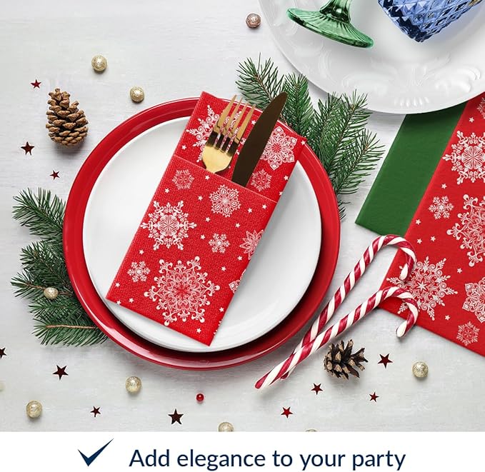PAW - Christmas Linen Feel Napkins with Built-in Flatware Pocket, Red Absorbent Pre-Folded Dinner Napkins with Snowlakes, Guest Towels for Xmas Dinner, Winter Holiday, Decorative Towel, 50 Count