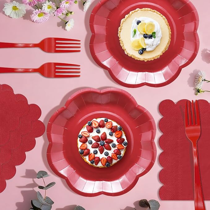 Red Paper Plates and Napkins Sets Party Supplies includes 7 inch Red Plates Disposable Scalloped Paper Napkins Plastic Forks for Birthday Cake Desserts Wedding Shower Valentines Party