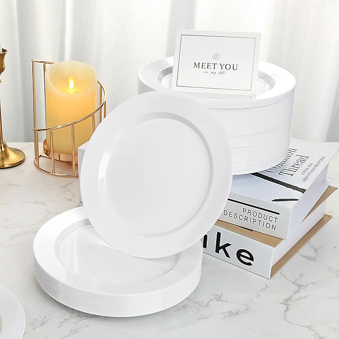 BESTVIP 100PCS 7 Inch White Plastic Dessert Plates, Disposable Plate for Appetizers, Small Cakes, Small Heavy Duty Disposable Plastic Plates for Parties, Wedding and Birthday