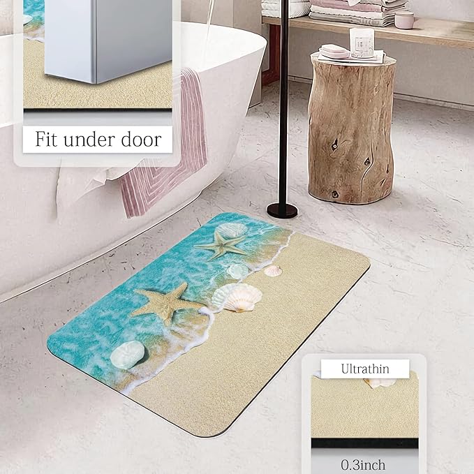 APROPHIC Bathroom Rugs Quick Dry Bath Mat, Super Absorbent Bath Rug, Washable Bathroom mats Non Silp Rubber Backing, Coastal Beach Theme Seashells Starfish Shower Mat for Bathroom Tub, Sink 20x30 in