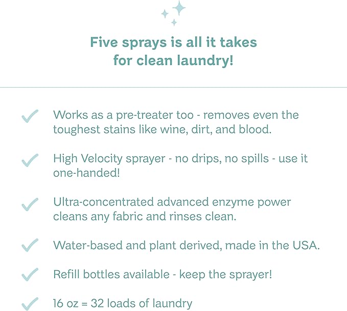 Clean Mama Laundry Detergent Spray & Pre-Treater - Natural Laundry Detergent Soap for Sensitive Skin - Eco-Friendly, HE Compatible - Unscented - 64+ Loads of Laundry, Starter + Refill, 16 oz Each