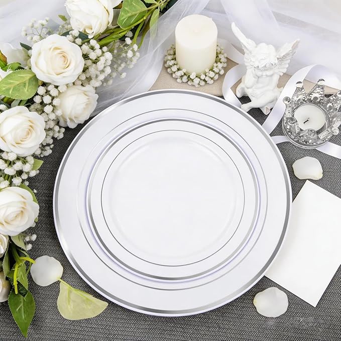 FLOWERCAT 60PCS Silver Plastic Plates - Heavy Duty White and Silver Plastic Plates Disposable - Include 30PCS 10.25inch Dinner Plates and 30PCS 7.5inch Dessert Plates for Wedding&Birthday Party