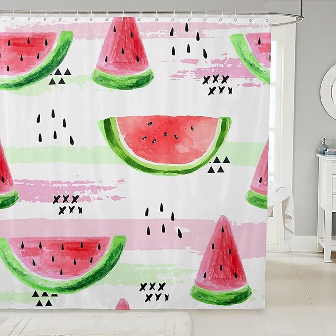 Manfei Kids Watermelon Shower Curtains Summer Fruits Theme Bathroom Curtains for Girls Room Decor, Watercolor Watermelon Waterproof Bath Curtains with 12 Hooks Suits for Bathtub, 72" W x 78" L