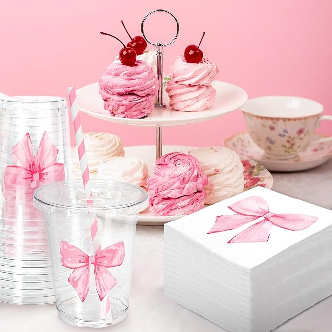 FYSUIMU 50 Set Pink Bow Tableware Set Watercolor Coquette Bowknot Paper Napkins Disposable Plastic Cups with Lids Straws for 50 Guests Valentines Wedding Bachelorette Birthday Baby Shower Party Decor
