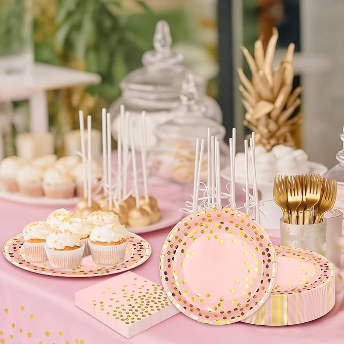 Pink and Gold Paper Plates and Napkins Tablecloth Party Supplies,Serves 25 Guests Pink Gold Plates and Napkins Tablecloth,Disposable Tableware Set for Birthday Wedding Bridal Shower Decorations