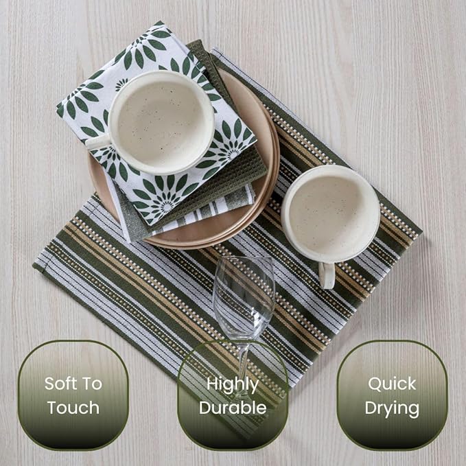 Assorted Kitchen Towels Large 16x26 inch 100% Cotton Set of 5 - Soft Absorbent Washable Tea Towel for Kitchen - Dish Cloths Towel with Hanging Loop - Quick Drying Dish Towels Green