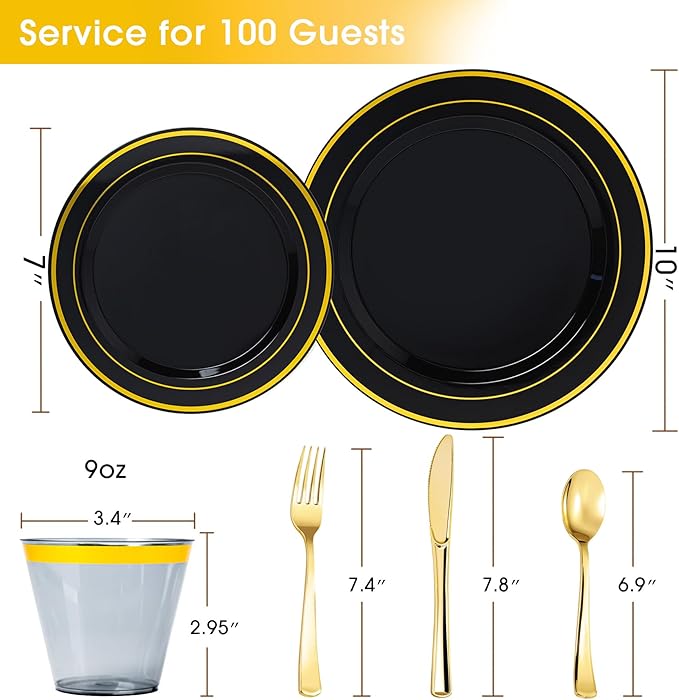 N9R 600PCS Black and Gold Plastic Dinnerware Set, Disposable Plastic Plates Includes 100 Dinner Plates, Dessert Plate, Cups, Spoons, Forks, Knives for 100 Guests, Perfect for Party, Wedding, Birthday