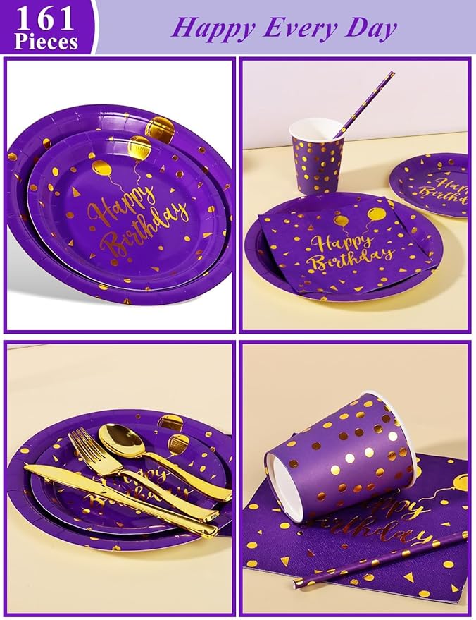 Nkaiso Birthday Party Tableware, 161 Pieces Purple Gold Party Supplies, Dinnerware Sets Include Paper Plates Napkins Cups Silverware, for Shower Engagement Parties Decoration -20 Serves