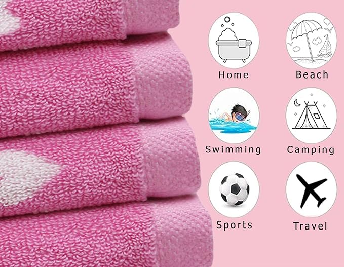 ORIGINAL KIDS 6 Piece Towel Set - Bath Time Hearts - 2 Bath Towels, 2 Hand Towels, 2 Washcloths - 100% Cotton Jacquard Colorful Soft Absorbent Pool Beach Kids Towel Gift - Pink White
