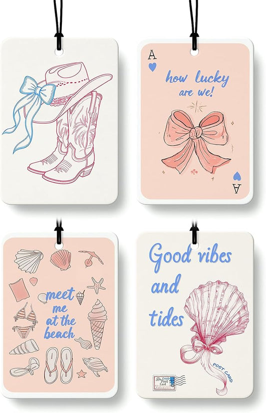 Preppy Pink Blue Coastal Cowgirl Orange Citrus Car Air Freshener 4pcs, Coquette Western Cowgirl Boots Ocean Sea Shell Hanging Scents Car Accessories Interior Mirror Decor for Women Girls