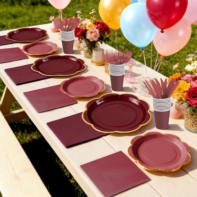 168Pcs Burgundy Paper Plates and Napkins Party Supplies, Maroon Scalloped Plates with Gold Rim, Burgundy Disposable Plates Set for Women Girls Birthday Weddings Bridal Shower Graduation Party Decor