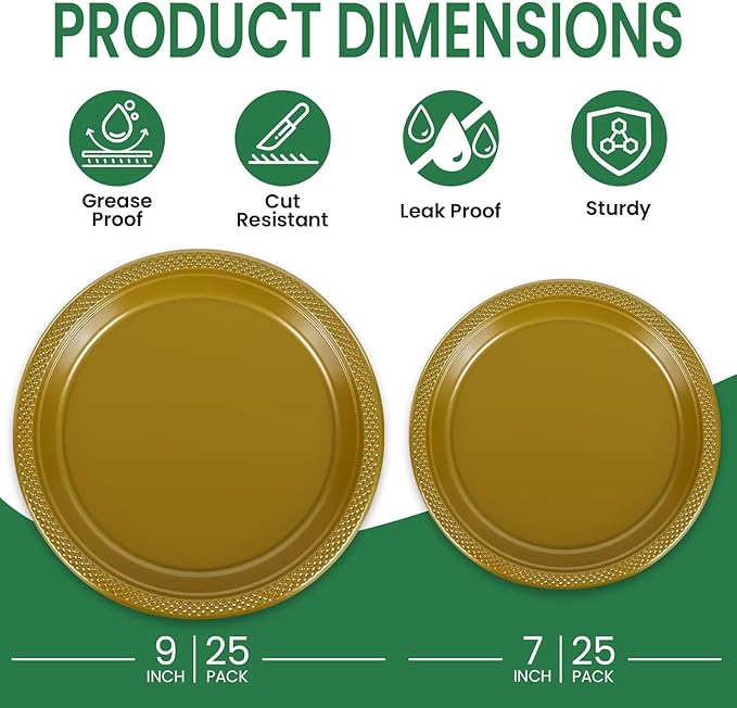 LANLISA 50 Pcs Gold Plastic Plates For Party, 25-9" & 25-7" Disposable Cake Dessert Plates For Birthday, Graduation Decorations, New Years Dinner