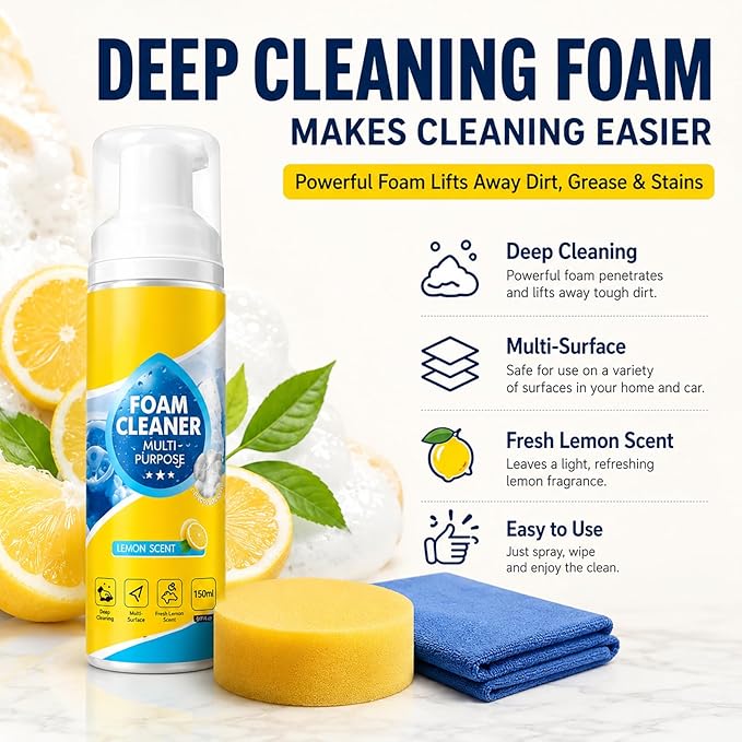 Multi-Enzyme Foam Cleaner Spray (5oz), Deep Cleaning No-Rinse Multi-Surface Foam for Car Interior, Sofa, Kitchen & Bathroom, Lemon Scent (1)