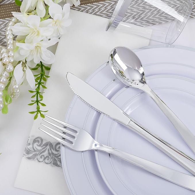 WELLIFE 700 Pieces Silver Plastic Dinnerware Set for 100 Guests - Includes Plates, Cups, Napkins, and Disposable Cutlery - Elegant White & Silver Design, Perfect for Parties and Events