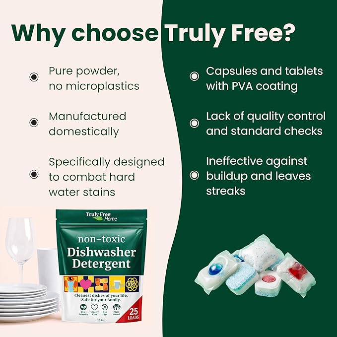 Truly Free Dishwasher Detergent + Laundry Detergent Bundle | Dishwasher Powder 1 Pack, 25 Loads | Laundry Wash Signature Scent, Powder to Liquid, 50 Loads | Non Toxic, Natural, Plant Based