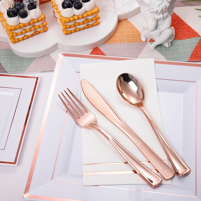 Festiva 350Pcs Rose Gold Plates and Napkins Party Supplies-Square White and Rose Gold Disposable Dinnerware include Plates Cups Cutlery Napkins for 50 Guests Wedding &Mother's Day&Birthday Party