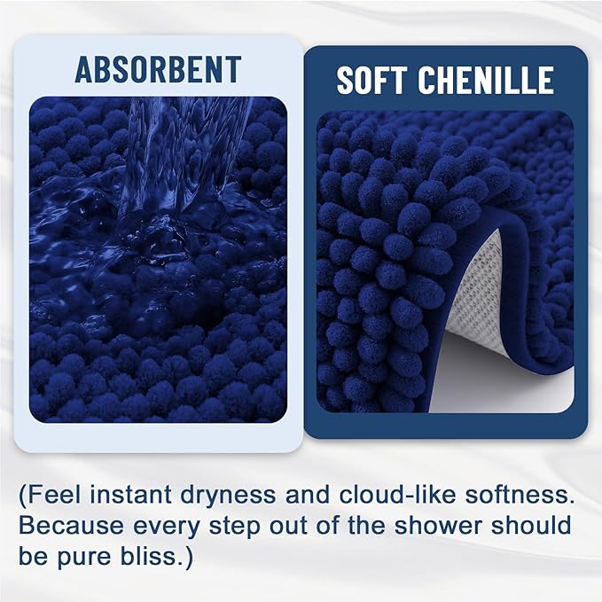 Grandaily Chenille Striped Bathroom Rugs 47x24, Extra Thick and Soft Absorbent Bath Mats, Rubber Backing, Plush Shaggy Shower Carpet, Machine Wash Dry, Bath Rug for Bathroom, Navy Blue
