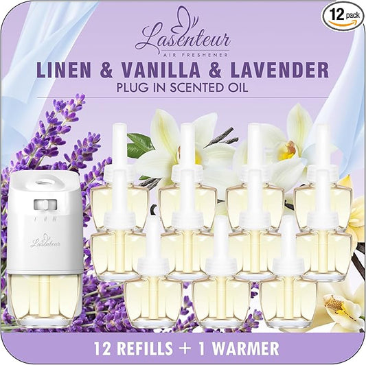 Plug In Air Freshener Starter Kit, 12 Refills + 1 Warmer, Lavender, Vanilla & Fresh Linen Scents for Home, Bathroom & Office, Compatible with Air Wick & Glade, Not Include Glade Plus