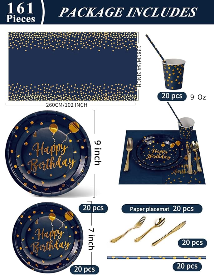 Nkaiso Birthday Party Tableware, 161 Pieces Navy Blue Gold Party Supplies, Party Dinnerware Sets Include Paper Plates Napkins Cups Silverware, for Shower Engagement Parties Decoration -20 Serves