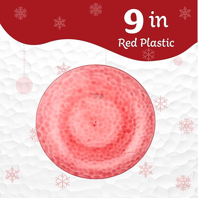 PLASTICPRO 30 Pack Hammered Plastic Plates Heavyweight Disposable Plastic Plates Elegant Red Platsic Party Dishes (Hammered Red Christmass, 9'' INCH PLATES)