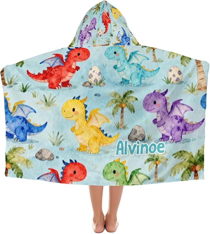 Cute Dinosaur Personalized Hooded Towel Absorbent Wrap Soft Pool Beach Bath Towels Hood Poncho for 5-12 Years Kids Boys Girls
