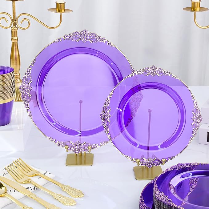 Bestluck 350 PCS Purple and Gold Plastic Plates, Disposable Dinnerware Set for 50 Guests, 100 Disposable Plates, 150 Silverwares, 50 Cups, 50 Napkins for Party, Wedding, Graduation
