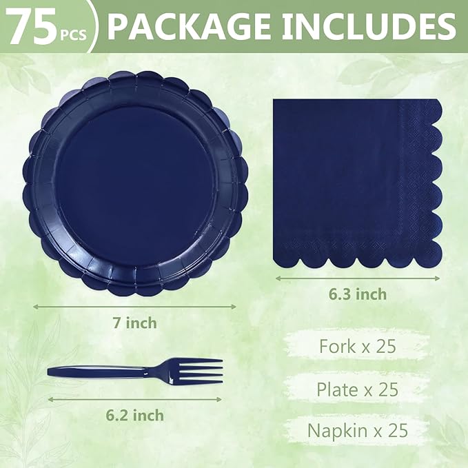 Mulbozy 75 Navy Blue Plates and Napkins Disposable Set Includes 25 Dessert Cake Scalloped Plates, Cocktail Napkins & Forks, for Fork 25 Guests Holiday Party Supplies.
