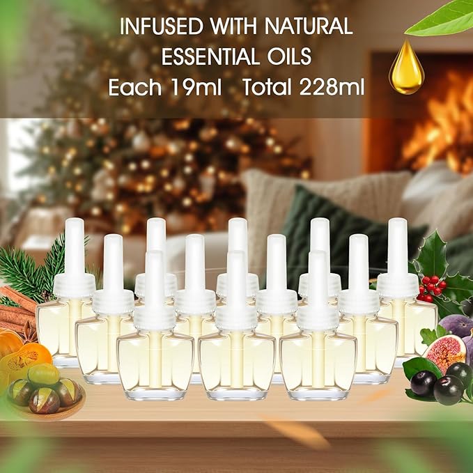 Plug Ins Refills Air Freshener 12 Pack, Fireside Ember, Winter Morning, Roasted Chestnuts, Christmas Wreath, Long Lasting Plug in Refills, Compatible with Air Wick & Glade, Not Include Glade Plus