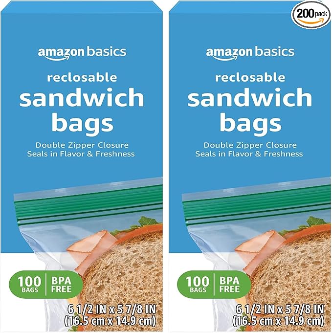 Amazon Basics Reclosable Double Zipper Sandwich Storage Bags for Food Storage, BPA Free, 100 Count (Pack of 2)