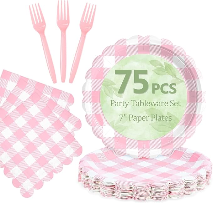 Mulbozy 75 Pink Gingham Plates and Napkins Disposable Set Includes 25 Dessert Cake Scalloped Plates, Cocktail Napkins & Forks, for Fork 25 Guests Holiday Party Supplies.