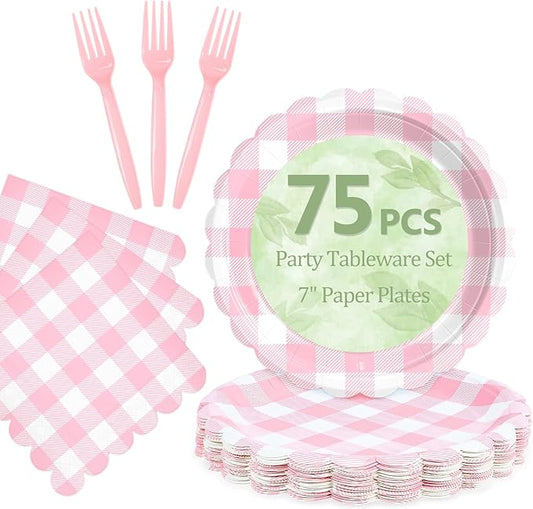 Mulbozy 75 Pink Gingham Plates and Napkins Disposable Set Includes 25 Dessert Cake Scalloped Plates, Cocktail Napkins & Forks, for Fork 25 Guests Holiday Party Supplies.