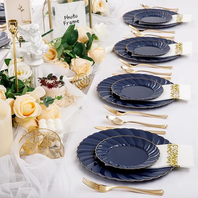 YOUBET 150PCS Blue Plastic Plates - Gold Plastic Silverware - Heavy Duty Navy Blue Disposable Plates include 50 Plates, 25 Forks, 25 Knives, 25 Spoons, 25 Napkins for Wedding Birthday Parties