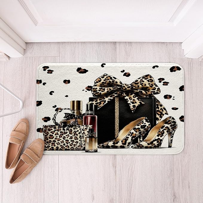 Brown Leopard Bowknot Kids Bath Mats,High-Heeled Shoe Perfume Lipstick Mats Rugs for Girls,Princess Beauty Cheetah Bath Carpets,Modern Fashion Bath Rugs,Absorbent Floor Mats,20Wx32L Inches