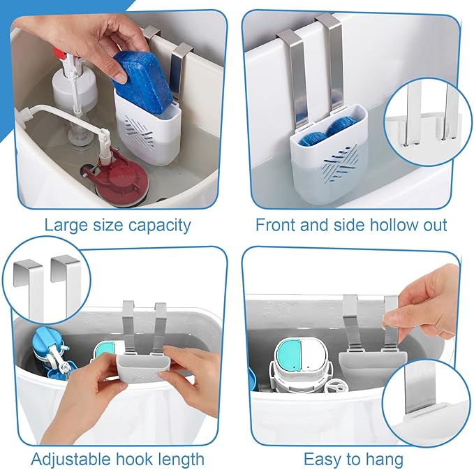 2Pack White Toilet Bowl Tablet Holder Toilet Cleaner Holders, Hanging Toilets Cleaner Caddy, Toilets Tank Cleaning Tablet Holders, Stainless Steel Hook Plastic Holder Tank Caddy with Adjustable Hook