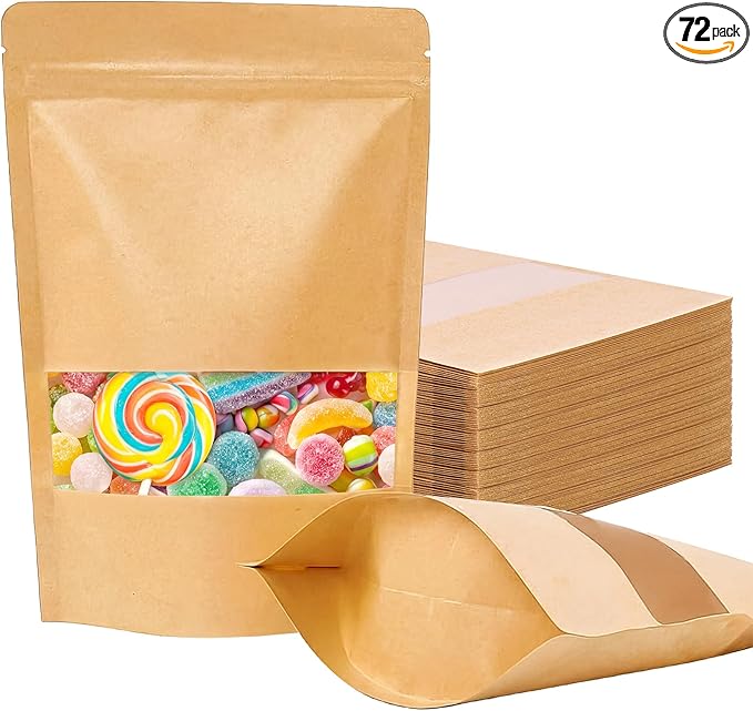 Moretoes 72pcs 5.9x8.6 Inches Kraft Paper Resealable Bags for Small Business, Stand Up Pouches, Food Packaging Bags with Window, Ziplock Coffee Pouches for Small Business