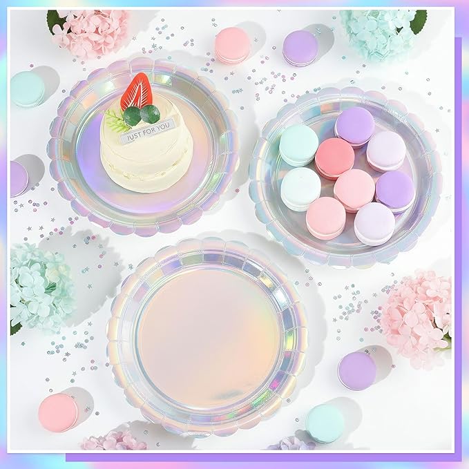 NatNarr 30 Pcs Iridescent Paper Plates Disposable 7 Inch Scalloped Holographic Plates Sliver Cake Dessert Plate for Graduation, Birthday, Mermaid, Disco