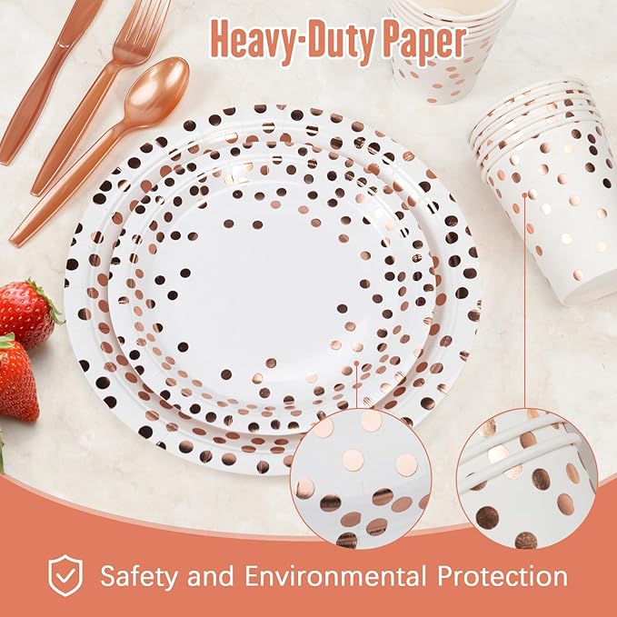 Lzerking Party Supplies Set - 210 Pieces of White and Rose Gold Dot Wedding Paper Plates, Cups, Napkins, and Heavy Duty Silverware for 30 Guests for Birthdays, Graduation, Festivals