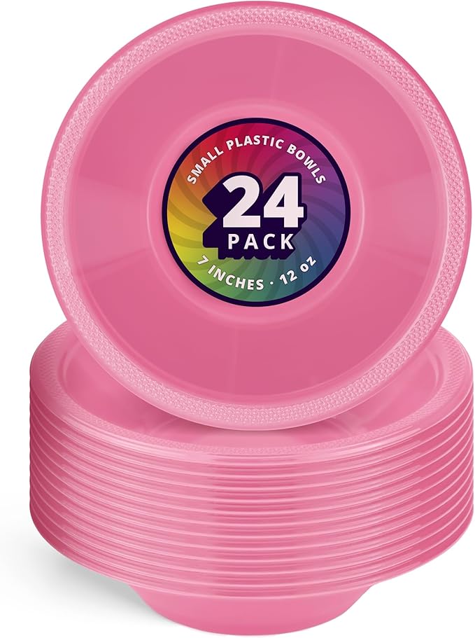 DecorRack 24 Small Plastic Bowls, 7 inch Disposable 12 oz Serving Bowl, Fruit Snack, Popcorn, Soup, and Salad, Kids Birthday and Holiday Party Supplies, Pink (Pack of 24)