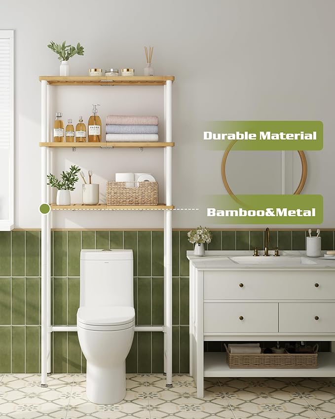 LiSHELF Bamboo Over The Toilet Storage Shelf 3-Tier Bathroom Organizer Rack Freestanding Above Toilet Shelves Space Saver for Small Bathroom, Laundry, White