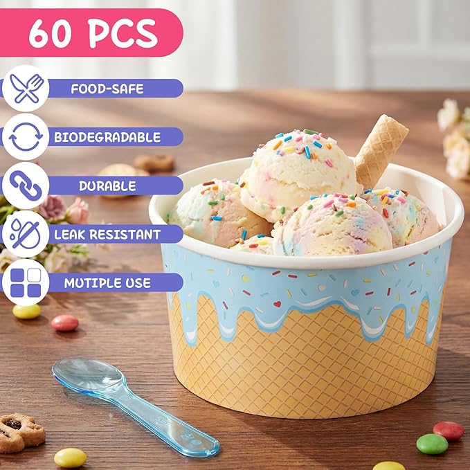 Jingmore 60 Set Paper Ice Cream Cups Bulk with Spoons 8 oz Disposable Sundae Bowls Colorful Paper Dessert Cups Containers for Snack Yogurt Soup Summer Bar Party Supplies