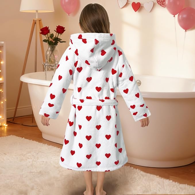 VOOVA & MOVAS Hooded Towel Robe for Girls 5-6Years,Slim Fit,Premium 100% Cotton, Super Soft Absorbent Bathrobe,Love Heart Pattern