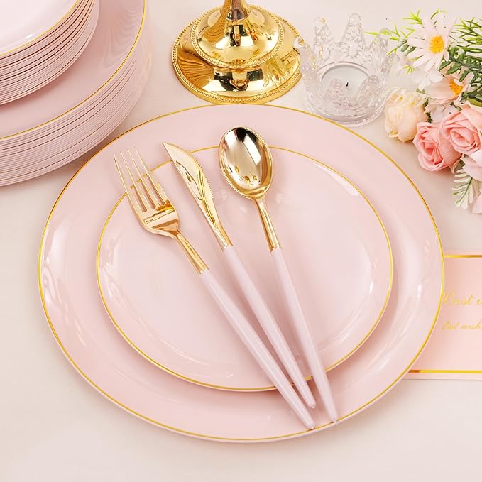 DaYammi 150Pcs Pink Plastic Plates with Gold Rim,Elegant Disposable Dinnerware with Gold Cutlery - 30 Dinner Plate,30 Dessert Plate,30 Knives,30 Forks,30 Spoons,Fancy Pink Plates for Party Wedding