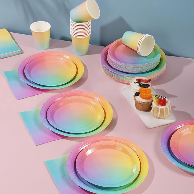 Rainbow Birthday Decorations for Girls, Pastel Rainbow Plates and Napkins 200Pcs, Girl Birthday Plates and Napkins, Easter Mother's Day Hawaiian Luau Colorful Pride Month, Serves 50
